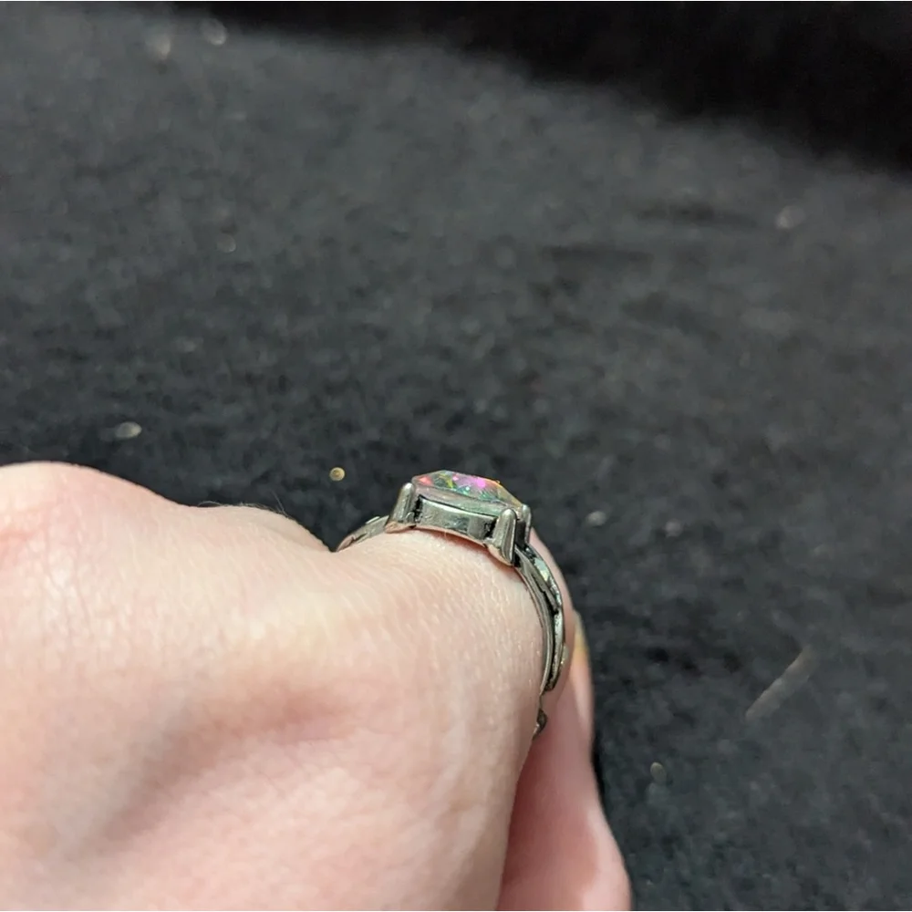 Silver Tone Iridescent Pink Statement Ring - Size 8 Adjustable